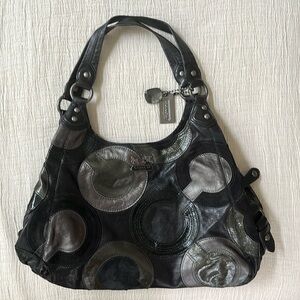 Coach Black Inlaid Op Art Leather Metallic Maggie Hobo Shoulder Bag